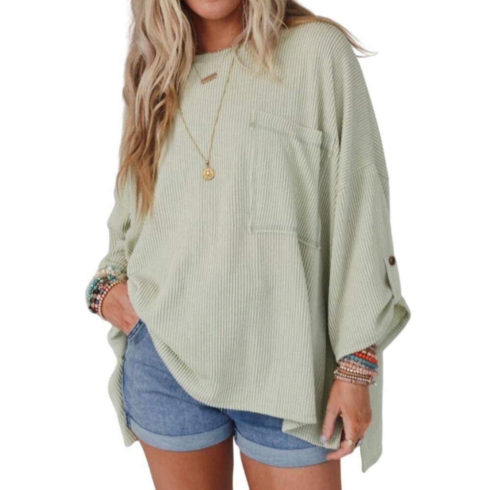 Everlinked Mint Green Rolled Sleeve Ribbed Oversized Top, Women's Size M